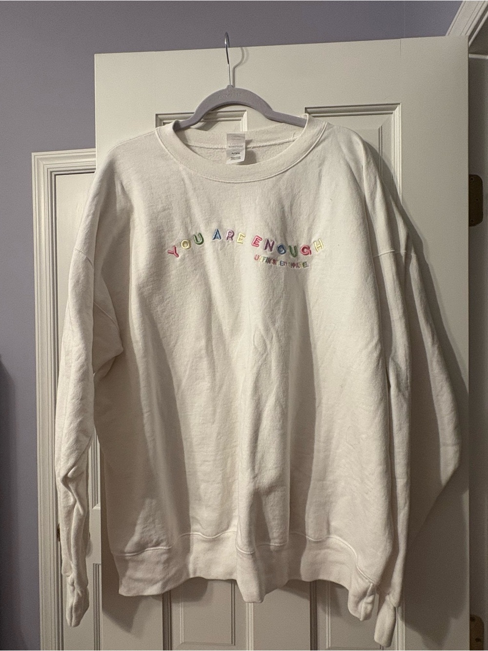 Hanes White Crewneck Sweatshirt with Multicolor 'You Are Enough' Embroidery